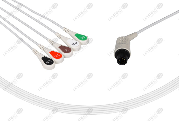 AAMI 6Pin Compatible One Piece Reusable ECG Cable 5 Leads Snap