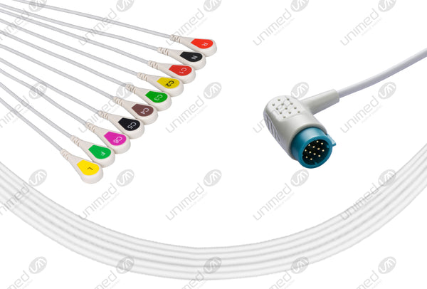 Medtronic Compatible One Piece Reusable ECG Cable - AHA - 10 Leads Snap