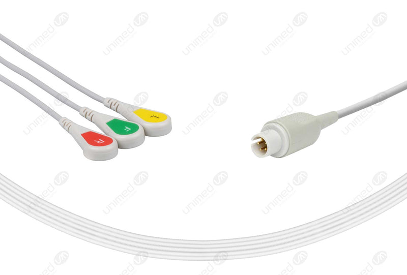 AAMI 5Pin Compatible One Piece Reusable ECG Cable - IEC - 3 Leads Snap
