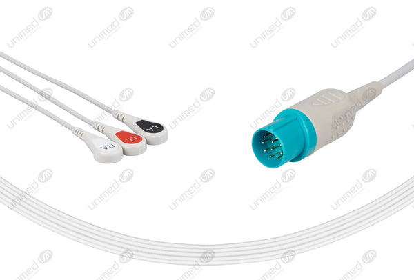 Nihon Kohden Compatible One Piece Reusable ECG Cable 3 Leads Snap