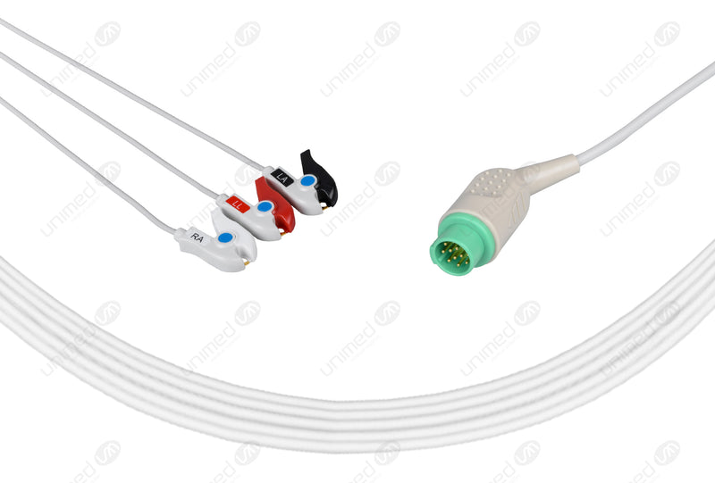 Emtel Compatible One Piece Reusable ECG Cable - AHA - 3 Leads Grabber