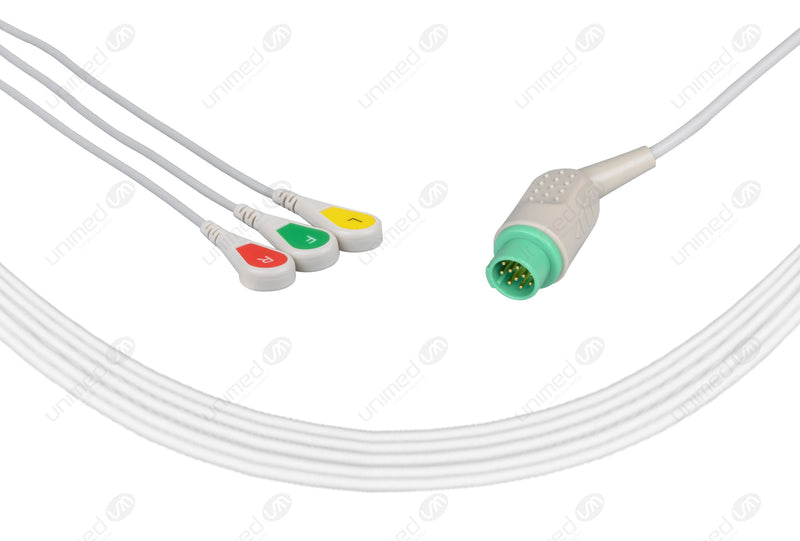Emtel Compatible One Piece Reusable ECG Cable - IEC - 3 Leads Snap