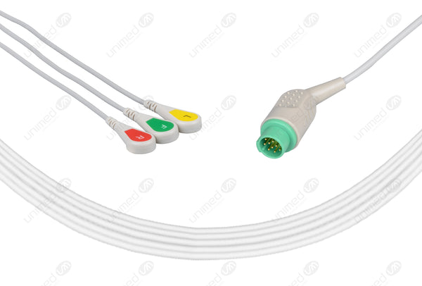 Bruker Compatible One Piece Reusable ECG Cable - IEC - 3 Leads Snap