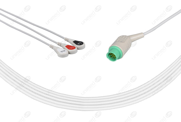 Bruker Compatible One Piece Reusable ECG Cable - AHA - 3 Leads Snap