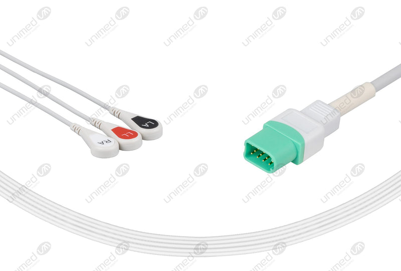 Datascope Compatible One Piece Reusable ECG Cable 3 Leads Snap