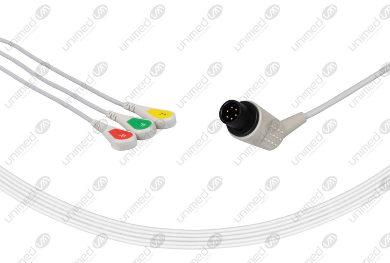 AAMI 6Pin Compatible One Piece Reusable ECG Cable - IEC - 3 Leads Snap