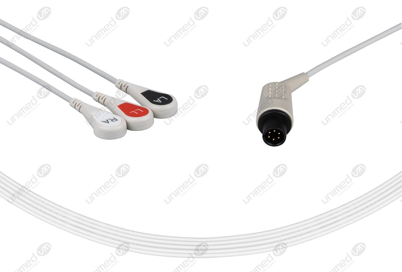 AAMI 6Pin Compatible One Piece Reusable ECG Cable 3 Leads Snap