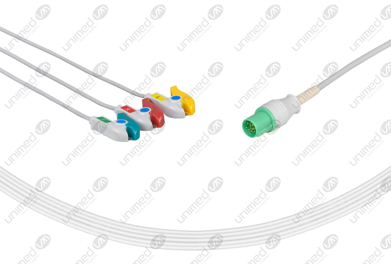 GE-Hellige Compatible One Piece Reusable ECG Cable - IEC - 3 Leads Grabber