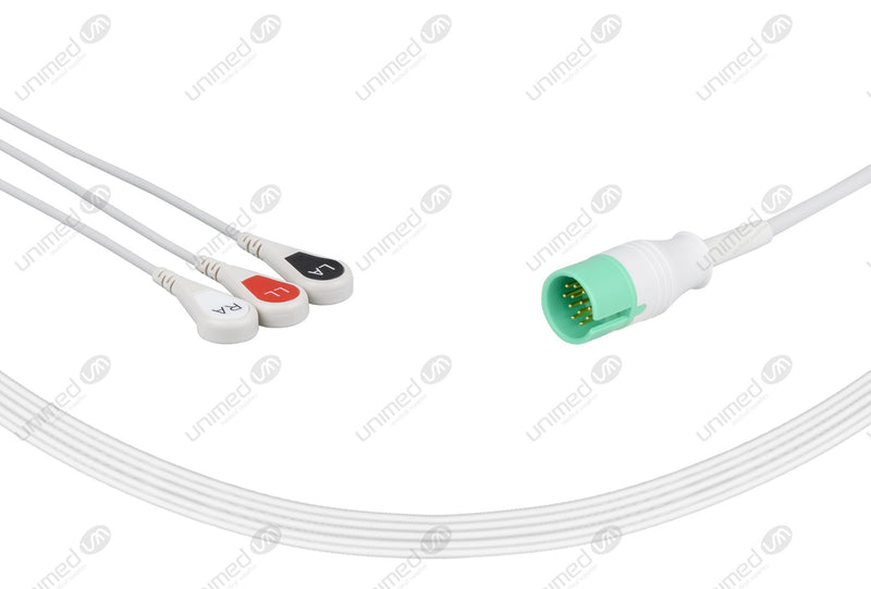Spacelabs Compatible One Piece Reusable ECG Cable-72713 3 Leads Snap