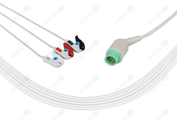 Fukuda Compatible One Piece Reusable ECG Cable - AHA - 3 Leads Grabber