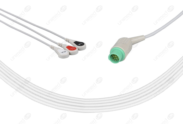 Fukuda Compatible One Piece Reusable ECG Cable - AHA - 3 Leads Snap