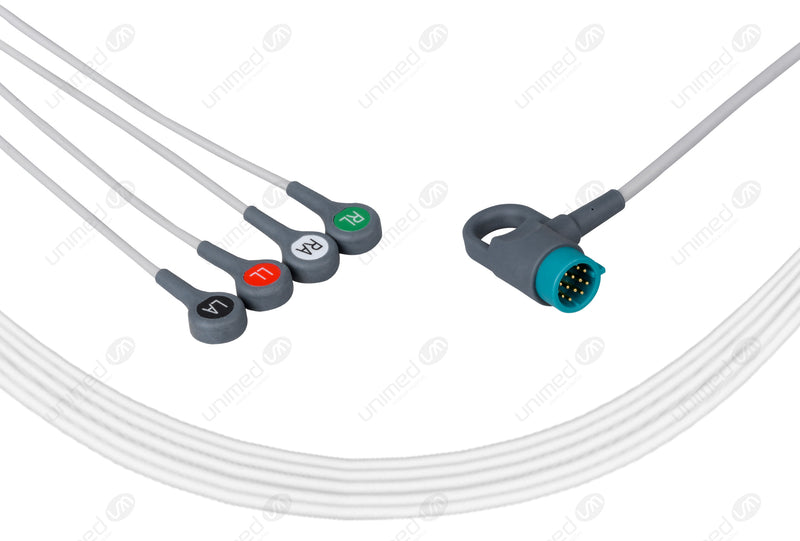 Medtronic Compatible One Piece Reusable ECG Cable - AHA - 4 Leads Snap