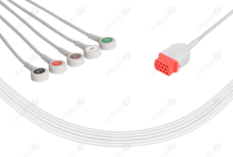 Bionet Compatible One-Piece Reusable ECG Cable - AHA - 5 Leads Snap