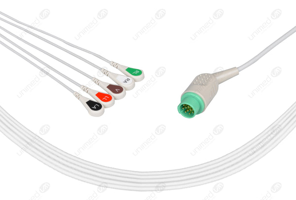 Emtel Compatible One Piece Reusable ECG Cable - AHA - 5 Leads Snap