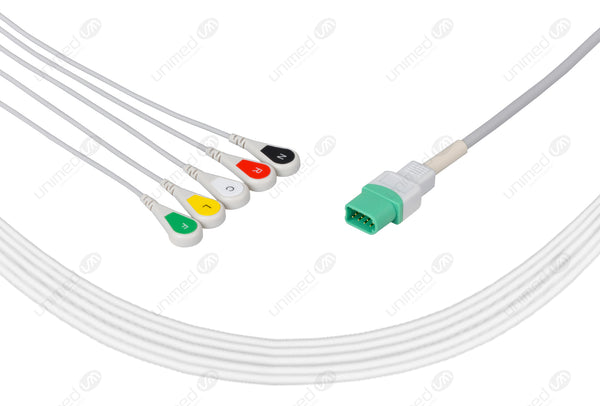 Datascope Compatible One Piece Reusable ECG Cable - IEC - 5 Leads Snap