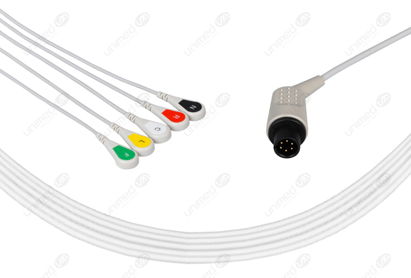 AAMI 6Pin Compatible One Piece Reusable ECG Cable - IEC - 5 Leads Snap