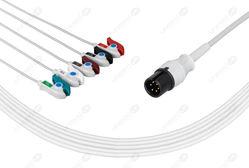 AAMI 6-pin Compatible One-Piece Reusable ECG Cable - AHA - 5 Leads Grabber