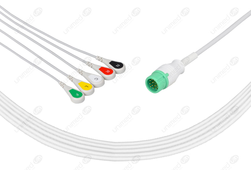 Comen Compatible One Piece Reusable ECG Cable - IEC - 5 Leads Snap