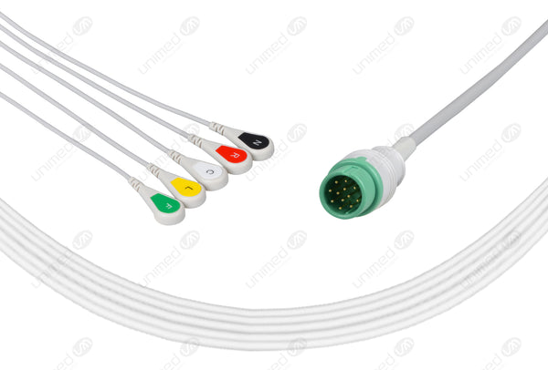 DRE Compatible One Piece Reusable ECG Cable - IEC - 5 Leads Snap