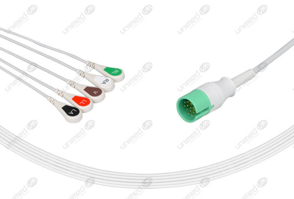 Spacelabs Compatible One Piece Reusable ECG Cable 5 Leads Snap
