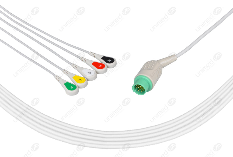 Kontron Compatible One Piece Reusable ECG Cable - IEC - 5 Leads Snap