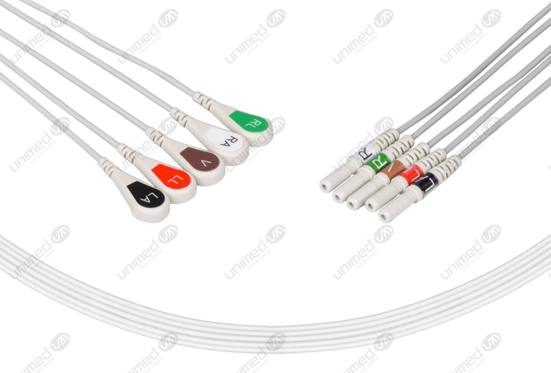 Din Compatible Reusable ECG Lead Wires 5 Leads Snap