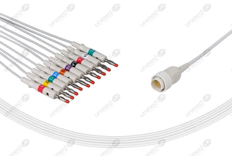 Kenz Compatible One Piece Reusable EKG Cable with Resistance - AHA - 4mm Banana