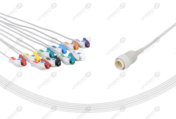 E10R-KZ1-P Kenz Compatible One Piece Reusable EKG Cable with Resistance - AHA - Grabber